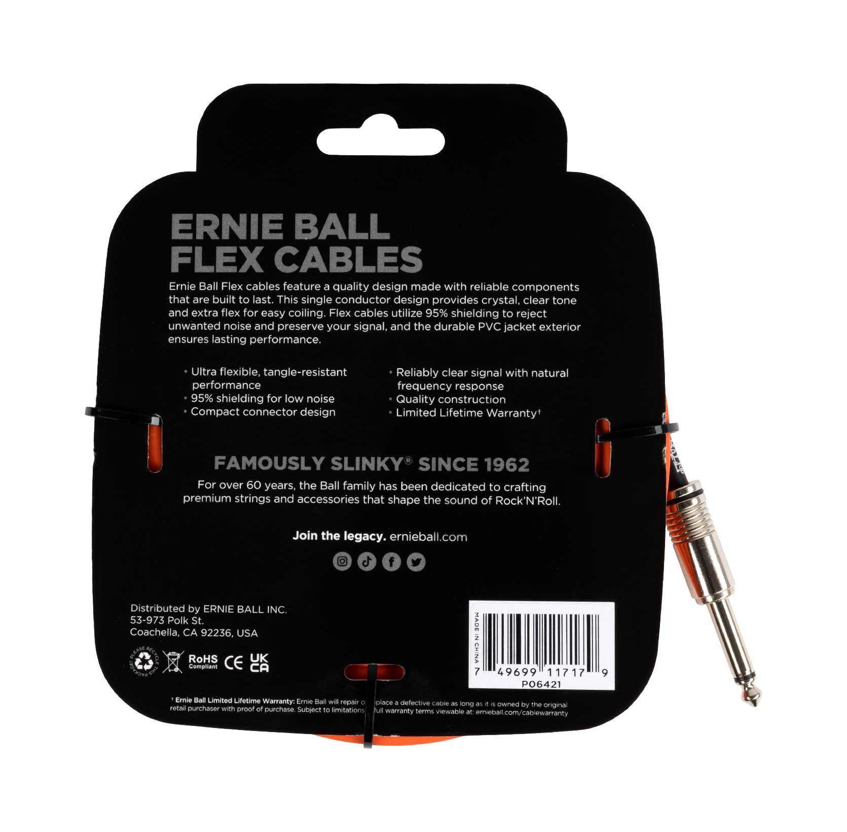 Ernie Ball Flex Instrument/Guitar Cable 20ft/6m Orange 4 Ernie Ball Flex Instrument/Guitar Cable 20ft/6m Orange - Image 2